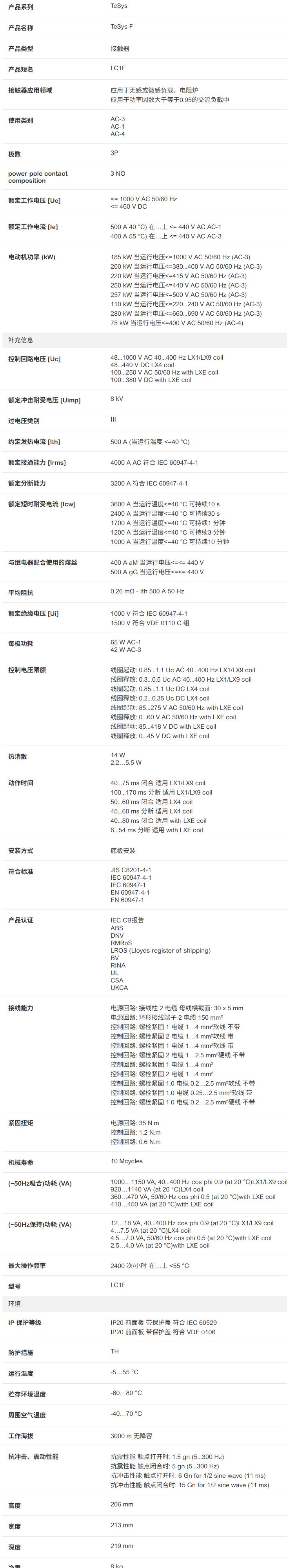 施耐德LC1F400参数